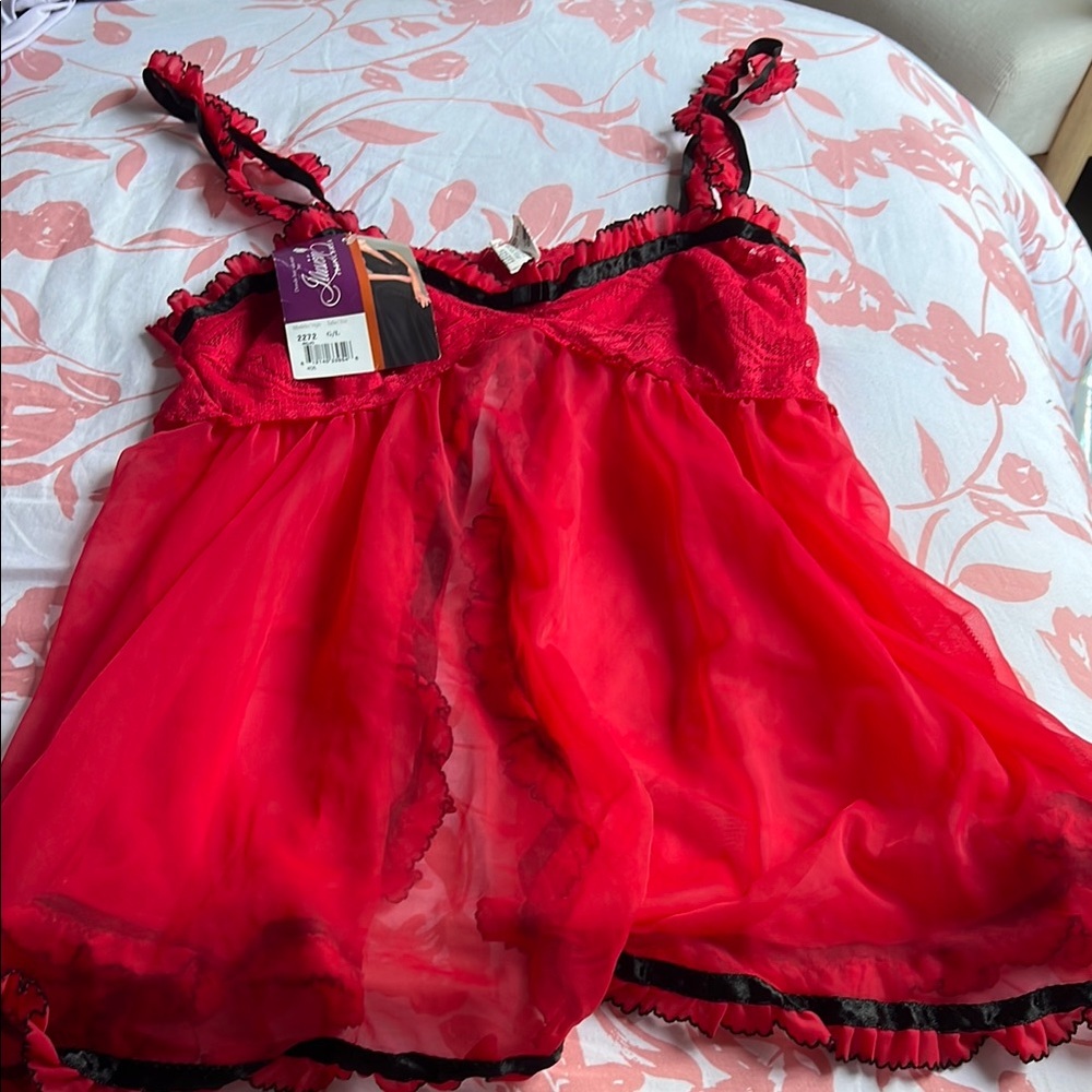 Red and Black Sheer Chemise with Decorative Straps